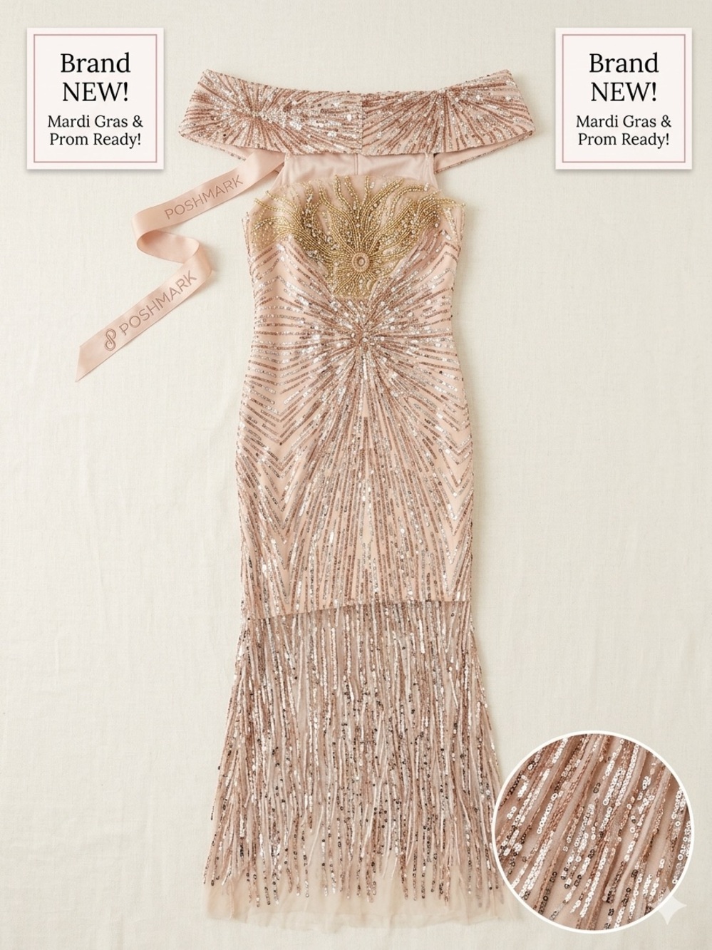 Sequin Fringe Off-Shoulder Cocktail Dress - Blush Pink with Gold Accents